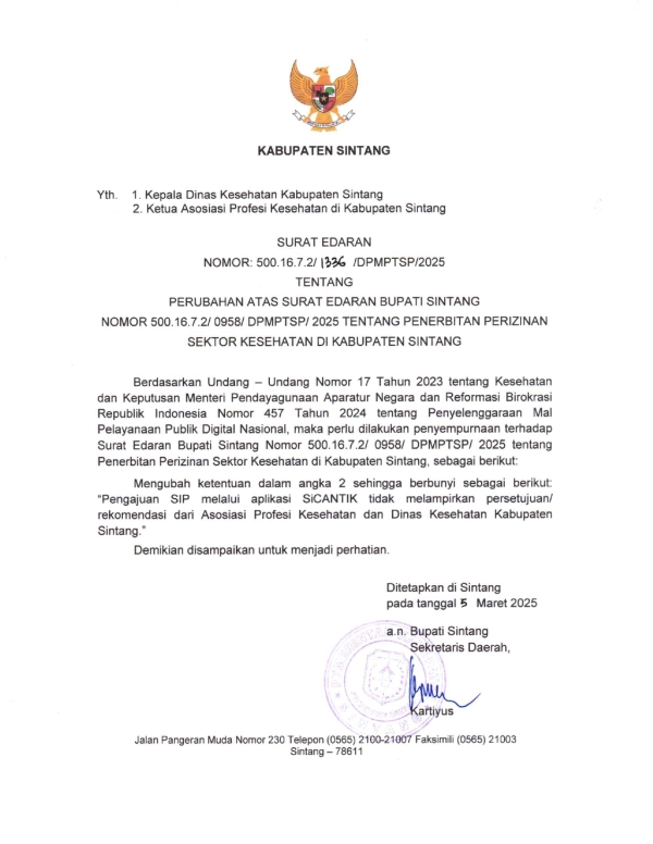 Perubahan Surat Edaran: Penerbitan Perizinan Sektor Kesehatan di Kabupaten Sintang